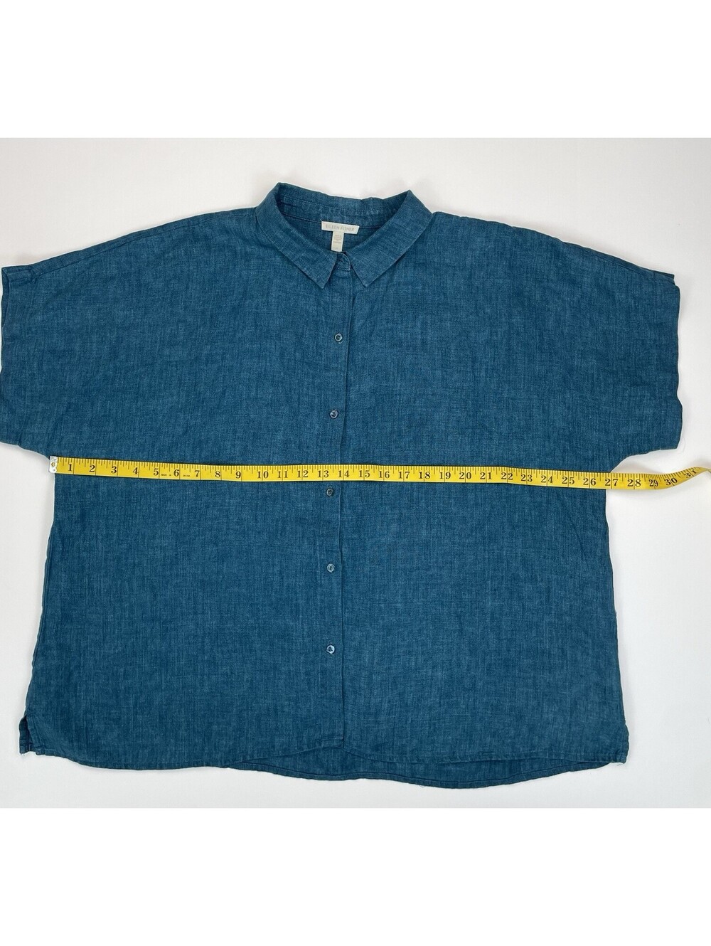 Eileen Fisher Organic Linen Short Sleeve Boxy Shirt Blouse Teal Blue 1X - Picture 5 of 7